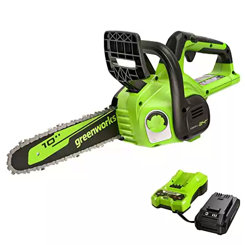 Greenworks 24V 10" Cordless Compact Chainsaw (Great For Storm Clean-Up, Pruning, and Firewood / 125+ Compatible Tools), 2.0Ah Battery and Charger Included