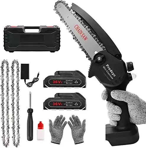 Prodcyc Cordless Mini Chainsaw 6 Inch Battery Powered Portable Electric Chainsaw, Small Handheld Chain Saw for Wood Cutting Tree Trimming Gardening Camping (BLACK MINI CHAINSAW + 2 BATTERY)