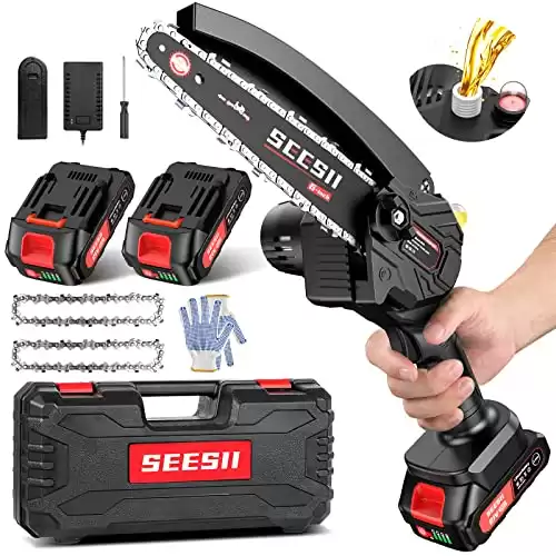 6-inch Mini Chainsaw,SeeSii Cordless Chainsaw w/ 2x2000mAh Batteries & Oiler System[2023 Upgrade],Handheld Electric Chainsaw w/Safety Lock,Battery Powered Chainsaw for Wood Cutting Tree Trimming