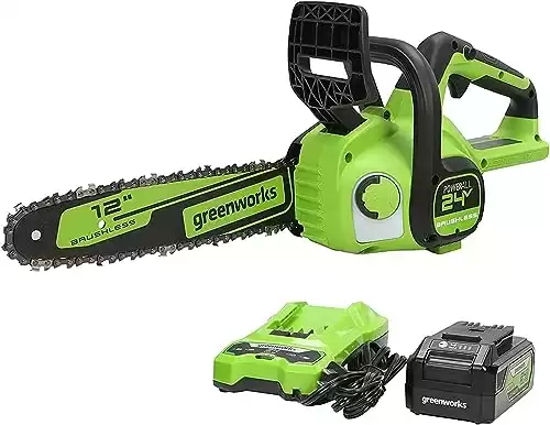 Greenworks 24V 12" Brushless Cordless Compact Chainsaw (Great For Storm Clean-Up, Pruning, and Firewood / 125+ Compatible Tools), 4.0Ah Battery and Charger Included