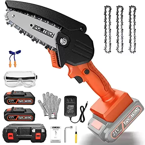 JPOWTECH Mini Chainsaw, Upgraded 4 Inch Cordless Small Chain Saw with 3Pcs Chains & 2Pcs 21V Rechargeable Batteries Portable One Hand Electric Chainsaw for Branch Pruning Tree Trimming Wood Cuttin...