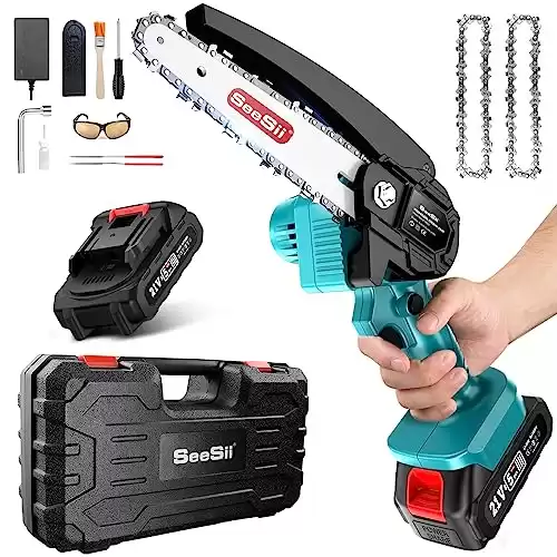 Seesii Mini Chainsaw 6-inch Mini Chainsaw Cordless, Battery Chainsaw with One Big Batteries, 2.62lbs Handheld Electric Power Chain Saw with Safety Lock for Tree Trimming Wood Cutting