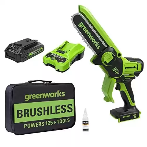 Greenworks 24V 6" Brushless Mini Chainsaw, Small Cordless Handheld Saw (Great For Tree Branches, Pruning, and Camping), 2.0Ah Battery and Charger Included