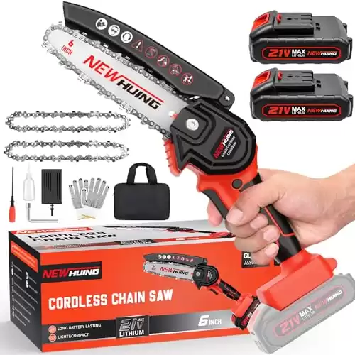 Mini Cordless Chainsaw Kit, Upgraded 6" One-Hand Handheld Electric Portable Chainsaw, 21V Rechargeable Battery Operated, for Tree Trimming and Branch Wood Cutting by New Huing